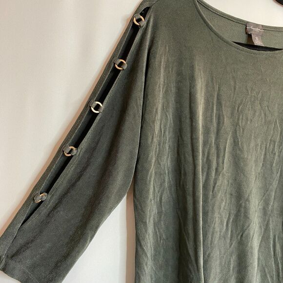 Chicos Travelers Slinky Top Sage Green LS Crew Open Arms Metal Details Size XL - Picture 3 of 12